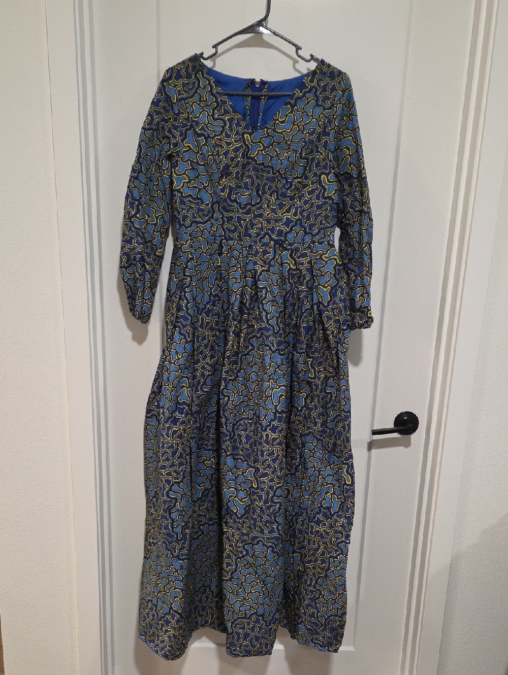 Blue Patterned Long Sleeve Ankara Dress